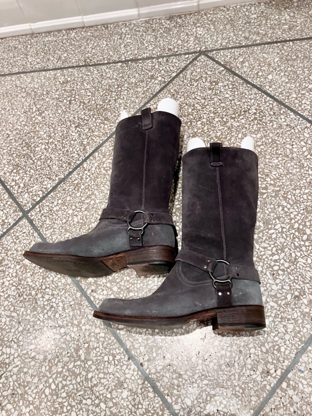 Brunello Cucinelli Gray Suede Combat Moto Boots